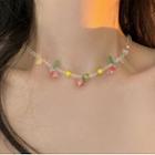 Floral Bead Necklace Red & White & Yellow - One Size