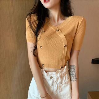 Short-sleeve Asymmetric Button Knit Top