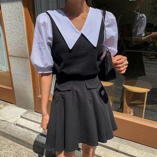 Puff-sleeve Knit-panel Top