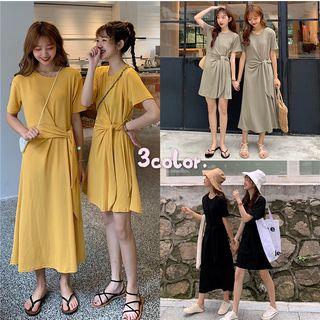 Short-sleeve Tie Waist Dress / Midi Dress