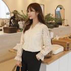 V-neck Bell-cuff Lace Blouse