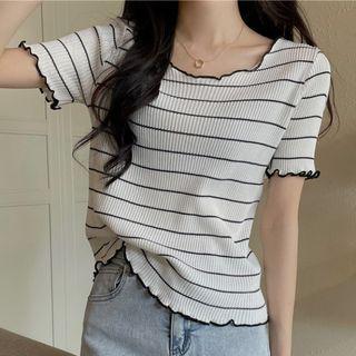 Short-sleeve Wood Ear Trim Striped Knit Top
