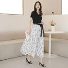Floral Long Flare Skirt With Sash
