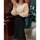 Long-sleeve Square-neck Blouse Almond - One Size