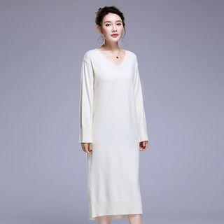 Plain V-neck Long Sleeve Sweater Dress