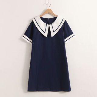 Contrast Collar Short-sleeve A-line Dress Navy Blue - One Size