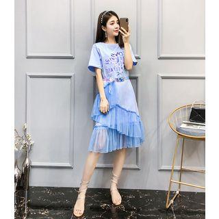 Mesh Trim Lettering Elbow Sleeve T-shirt Dress