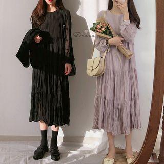 Long-sleeve Midi Crinkled Chiffon Dress