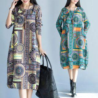 Long-sleeve Printed A-line Midi Dress