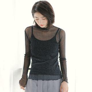 Half-high Collar See-through Mesh Long-sleeved Top Black - One Size