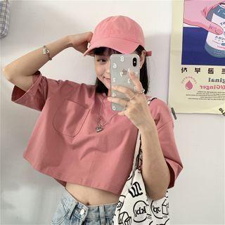 Plain Short-sleeve Cropped Pocket T-shirt