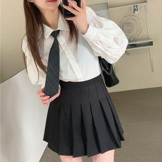 Puff-sleeve Shirt / Plaid Neck Tie / Set
