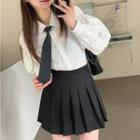 Puff-sleeve Shirt / Plaid Neck Tie / Set