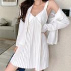 Set: Wide Strap Ribbed A-line Dress + Blazer