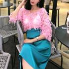 3/4-sleeve Lace Top / Satin Midi Pencil Skirt
