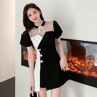 Set: Puff-sleeve Two-tone Asymmetrical A-line Dress + Shorts
