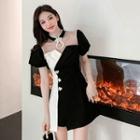 Set: Puff-sleeve Two-tone Asymmetrical A-line Dress + Shorts
