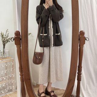 Contrast Trim Cardigan / Polo Collar Long-sleeve Midi Pullover Dress