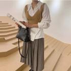 Long-sleeve Plain Shirt / Tie Back Knit Vest / High-waist Plaid Pleated Midi Skirt