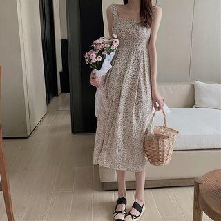 Sleeveless Square-neck Ruched Floral Dress
