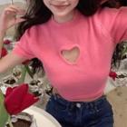 Short-sleeve Heart Cutout Knit Top Pink - One Size