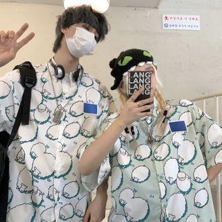 3/4 Sleeve Sheep Print Loose-fit Shirt