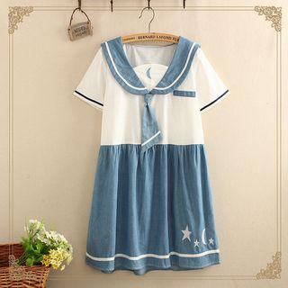 Star Embroidered Sailor Collar Short Sleeve Dress