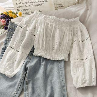 Boatneck Eyelet Smocked Crop Top White - One Size