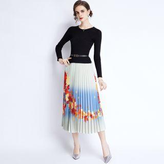 Print Panel Pleated A-line Midi Dress