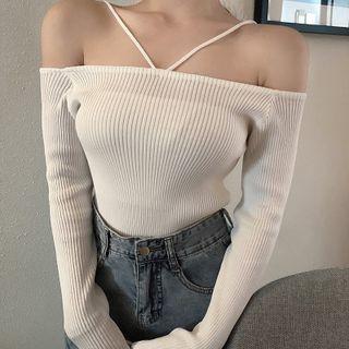 Long-sleeve Off Shoulder Plain Camisole Top