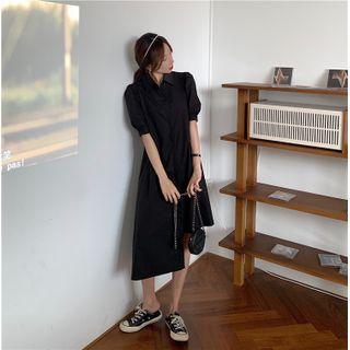 Asymmetrical Puff-sleeve Midi Shirtdress