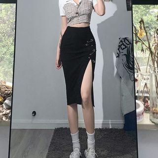 Side Pin Details Slit Midi Skirt