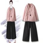 Set: Knot Button Padded Hanfu Top + Wide Leg Pants