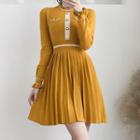 Long-sleeve A-line Pleated Knit Dress