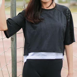 Mock Two Piece Elbow Sleeve Fish Net Sports Top