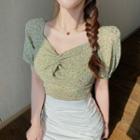 Puff-sleeve Floral Print Twist-front Chiffon Top