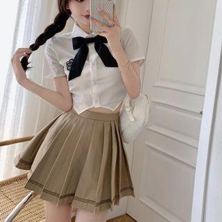 Short-sleeve Ribbon Tie-neck Shirt / Pleated Mini A-line Skirt
