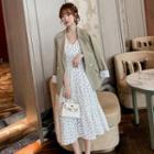 Set: Double-breasted Blazer + Sleeveless Dotted Midi A-line Dress