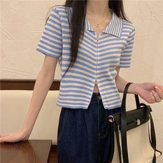 Short-sleeve Collar Striped Zipped T-shirt