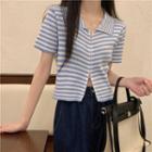 Short-sleeve Collar Striped Zipped T-shirt