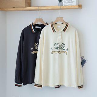 Contrast Trim Cartoon Print Polo Sweatshirt