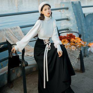 Set: Long-sleeve Turtle Neck Knit Top + Midi A-line Skirt