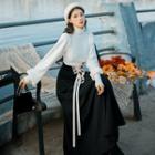 Set: Long-sleeve Turtle Neck Knit Top + Midi A-line Skirt