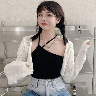 Halter-neck Asymmetric Camisole Top / Long-sleeve Perforated Cropped Cardigan