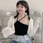 Halter-neck Asymmetric Camisole Top / Long-sleeve Perforated Cropped Cardigan