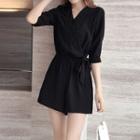 Elbow-sleeve Sashed Wide-leg Playsuit