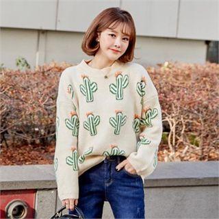 Crew-neck Cactus-patterned Sweater