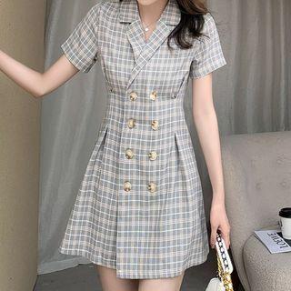 Short-sleeve Plaid Double-breasted Blazer Dress