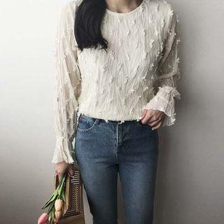 Round-neck Flare-cuff Textured Blouse