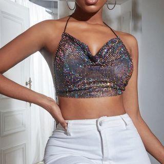 Halter-neck Rhinestone Mesh Cropped Camisole Top